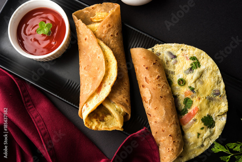 Photography omelette / omelette chapati roll or Indian bread or roti rolled with omlet