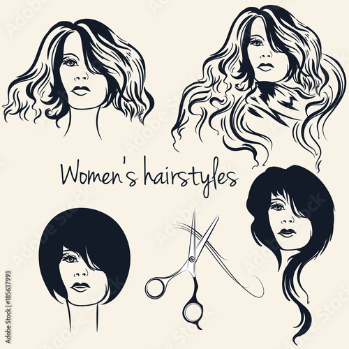 Collection of vector female hairstyles on beautiful women