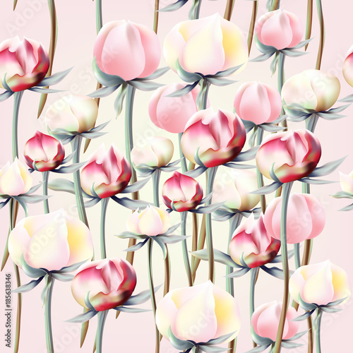 Floral pattern with pink and white peony flowers  in vintage style