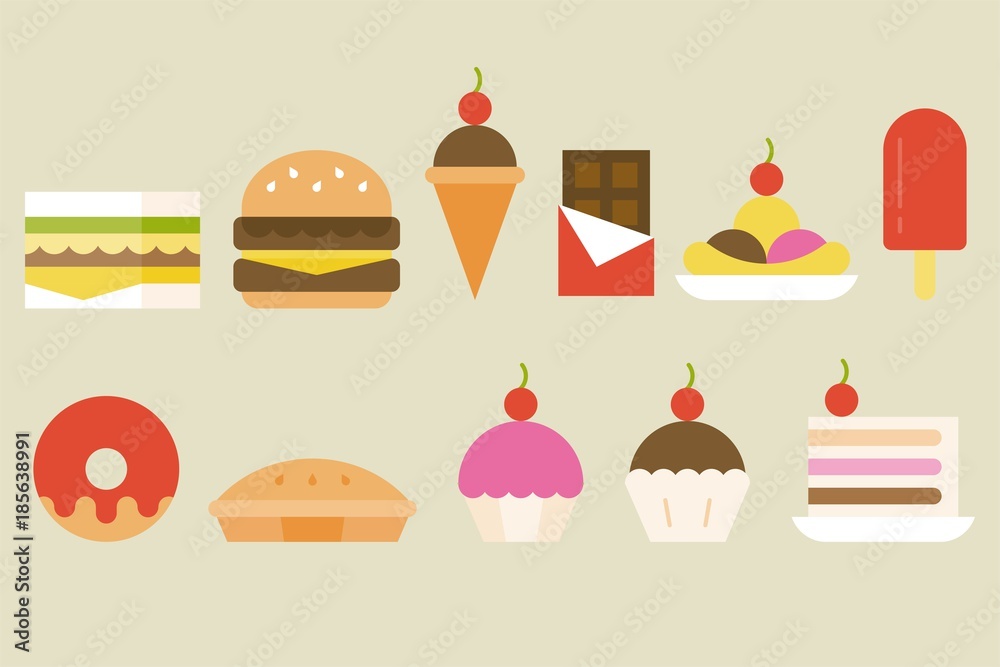 Naklejka premium Sweets and junk food icon, vector set in flat design