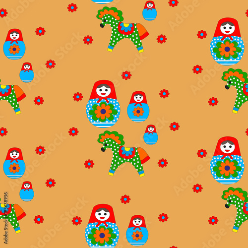 Seamless patterns of nesting dolls and horses.