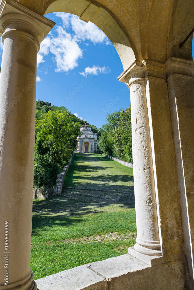 Sacro Monte of Varese (Santa Maria del Monte), Italy. Sacred way that leads to medieval village, with the fifth (5th) chapel seen from the fourth (4th) chapel. World Heritage Site - Unesco site