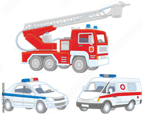 Vector set of a fire truck, an ambulance car and a police car