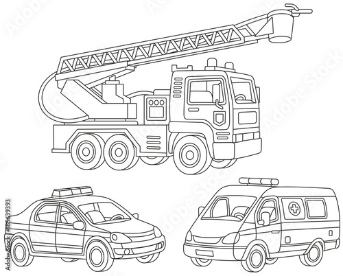 Vector set of a fire truck, an ambulance car and a police car, black and white illustrations