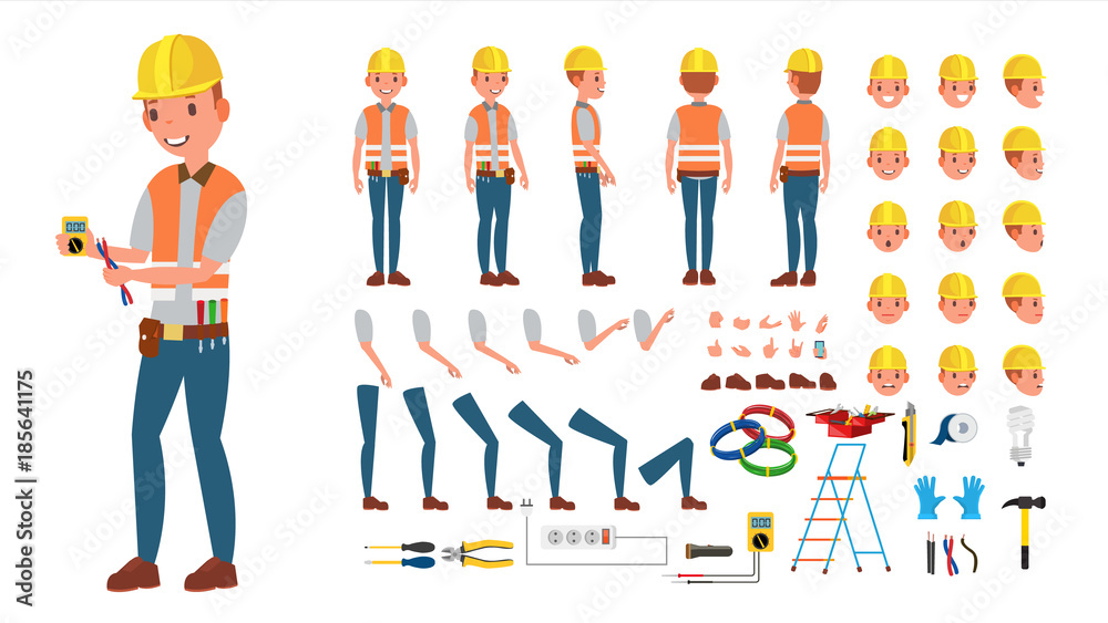 Electrician Vector. Animated Character Creation Set. Electronic Tools And Equipment. Full Length, Front, Side, Back View, Accessories, Poses, Face Emotion, Gestures. Isolated Flat Cartoon Illustration