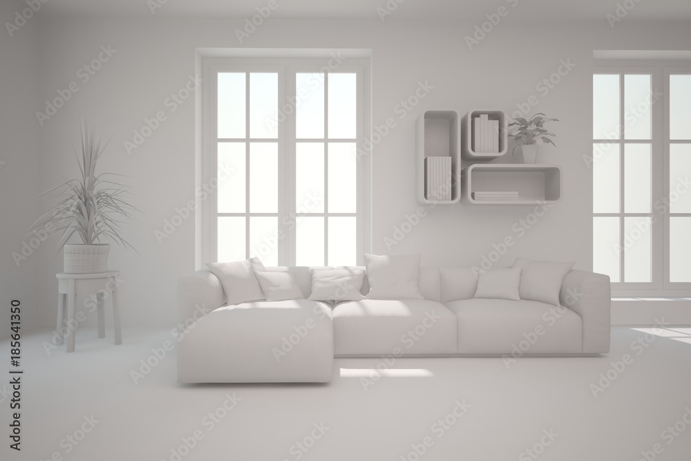 Fototapeta premium Idea of white minimalist room with sofa. Scandinavian interior design. 3D illustration