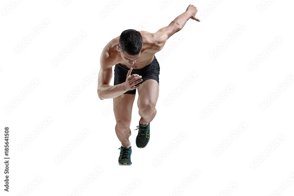 The studio shot of high jump athlete is in action