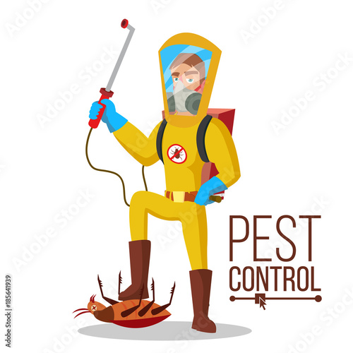 Pest Control Service Vector. Sanitation, Cleaner Washing. Pest Removal. Exterminator Of Insects. Flat Cartoon Illustration