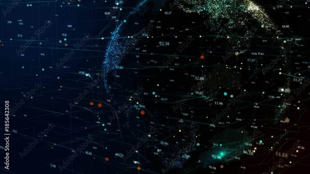 3D animation of planet Earth rotating in global futuristic cyber network with connection lines around globe. Neural artificial grid represents data and cryptocurrency exchange in business concept. 