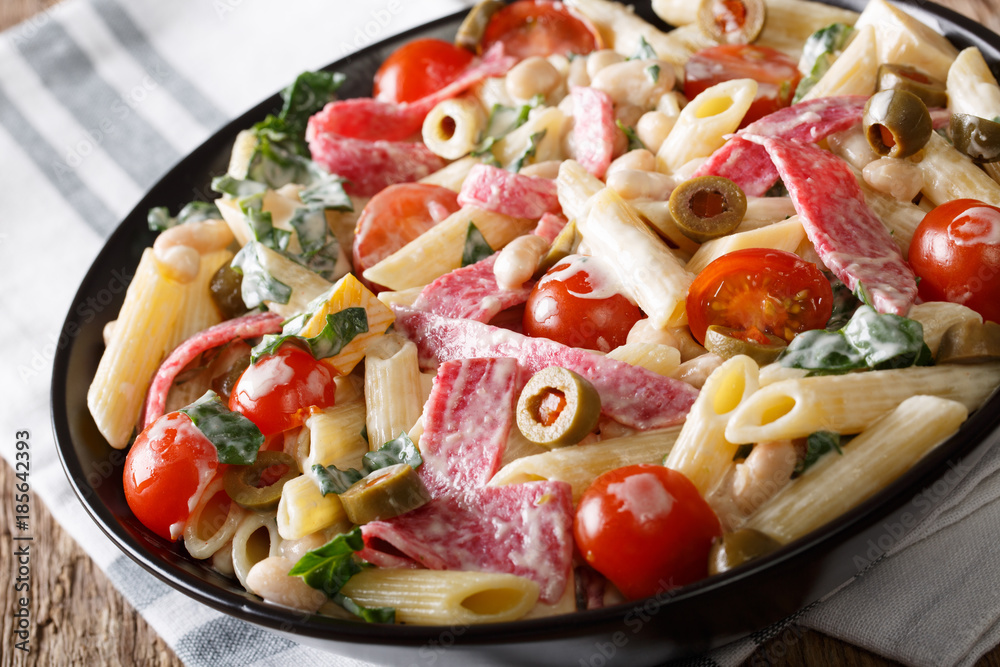 Italian food: penne pasta with salami, cheese, and vegetables close-up. horizontal