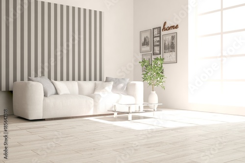 Idea of white minimalist room with sofa. Scandinavian interior design. 3D illustration