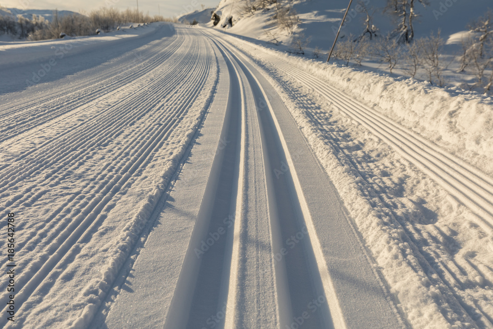 Freshly prepared ski tracks in the mountains in Setesdal, Norway. Close up