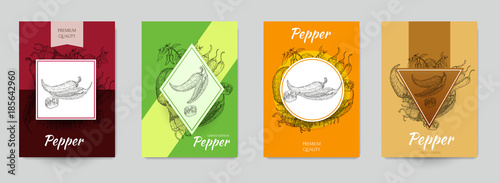 Set of template for branding, cover package, identity, banner, promote, card, label with chili peppers in retro vintage hand drawn, sketches, engraved style. Modern background. Vector illustration.
