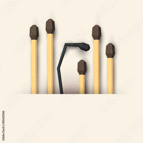 Cartoon burned and whole match in polygonal paper style. Vector illustration.