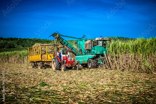 HDR - Zuckerrohrernte auf dem Feld mit Traktor und Zuckerrohr M  hdrescher in Santa Clara Kuba - Serie Kuba Reportage