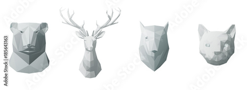 Abstract animals head in geometric low poly style. Bear, wolf, cat, deer. Realistic polygonal 3d vector illustration.