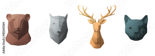 Abstract animals head in geometric low poly style. Bear, wolf, cat, deer. Realistic polygonal 3d vector illustration.