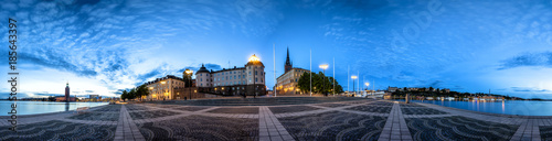 Stockholm Old Town Skyline in Gamla Stan. 360 degree Panoramic montage from 21 images