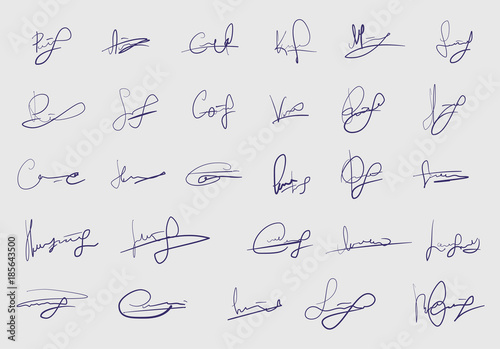 Set of fictitious signature isolated on white background. Template for personal autograph. Abstract vector sketch strokes photo