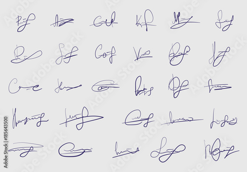 Set of fictitious signature isolated on white background. Template for personal autograph. Abstract vector sketch strokes