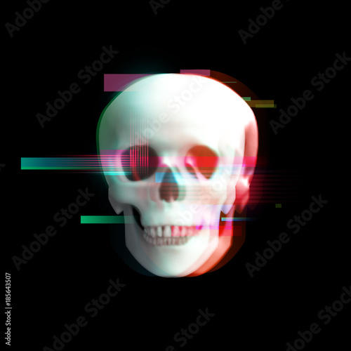 Human skull in distorted glitch style on black background. Modern design element for branding, cover, poster, print textile. Stylish vector illustration.