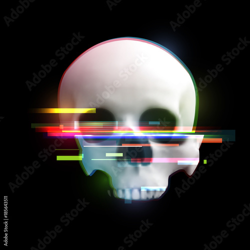 Human skull in distorted glitch style on black background. Modern design element for branding, cover, poster, print textile. Stylish vector illustration.