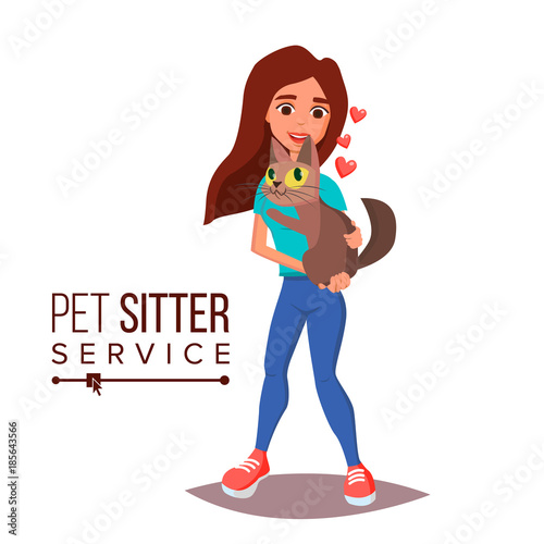 Cat Pet Sitter Service Vector. Professional Pet Sitter Woman. Cat Walking Service. Isolated On White Cartoon Character Illustration