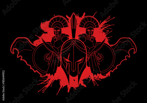 Roman or Greek Helmet , Spartan Helmet, and Angry Warrior composition designed on splash blood background graphic vector