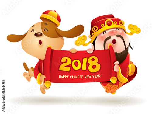 Chinese New Year. Chinese God of Wealth and Chinese Zodiac Dog with scroll. Traditional Chinese Costume. The year of the dog.