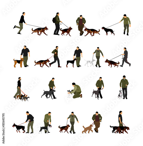 Owner man keeps dog on the leash by running. Champion dog show exhibition vector illustration. Finder detect explosives drugs. Survive rescue activity dog for finding. Pet friendly. Shepard, Doberman.