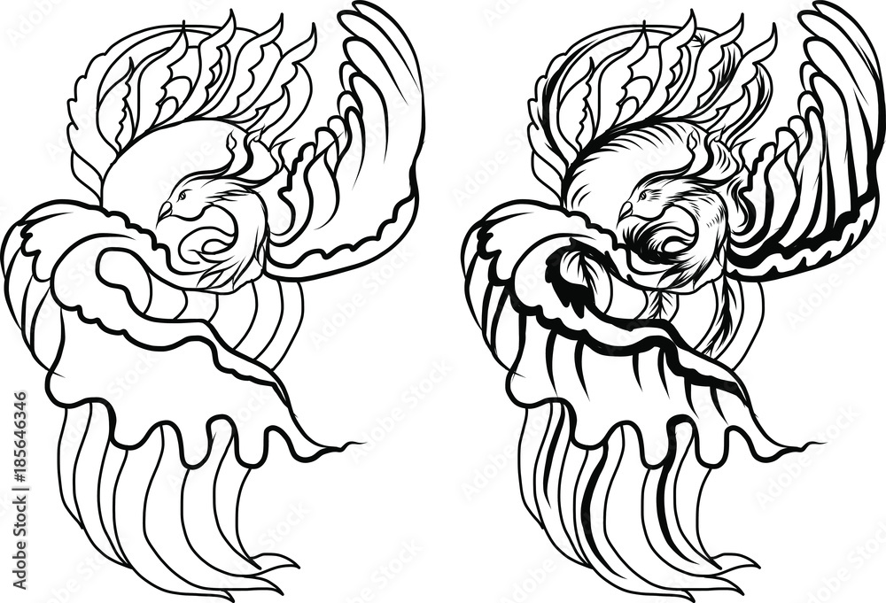 Japanese peacock tattooAsian Phoenix fire bird tattoo designColorful  Phoenix fire bird colouring book illustrationHand drawn Japanese tattoo  style Stock Vector  Adobe Stock