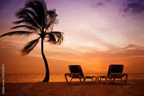 Palm trees silhouette at sunset tropical beach. Orange sunset. © Yarkovoy