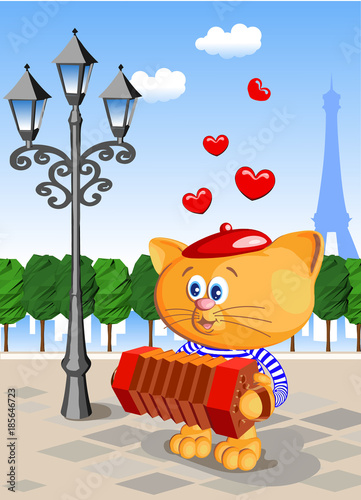 Greeting card Valentine's day beloved girl women Paris street lantern trees silhouette eiffel tower city cat playing concertino sings takes musician