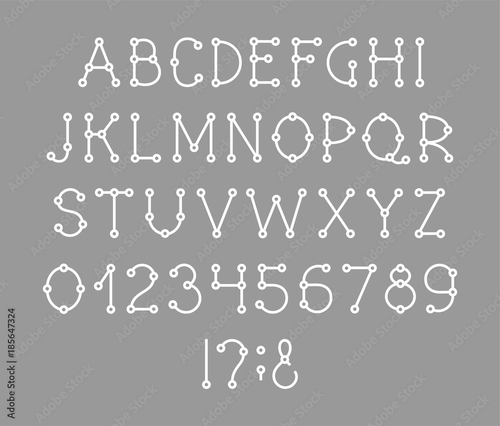 English alphabet, font, Schema, white, vector. Capital letters and digits of the English alphabet. Vector font. Scheme. Connection. White letters on gray background. English alphabet, font, Schema, white, vector. Capital letters and digits of the English alphabet. Vector font. Scheme. Connection. White letters on gray background.