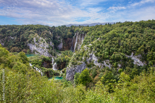 Croatia Waterfall of Plitvice lake, natural travel background, national park