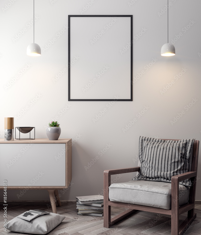 Mockup Poster in the interior, 3D illustration of a modern design Mockup Poster in the interior, 3D illustration of a modern design