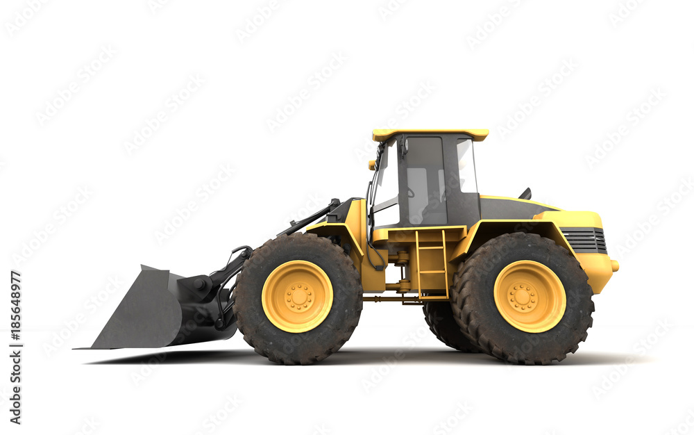 Obraz premium Powerfull concept. Massive yellow hydraulic earth mover isolated on white. Right to left direction. 3D illustration. Left view