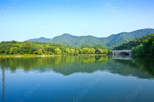 beautiful lake and mountain natural scenery in hangzhou