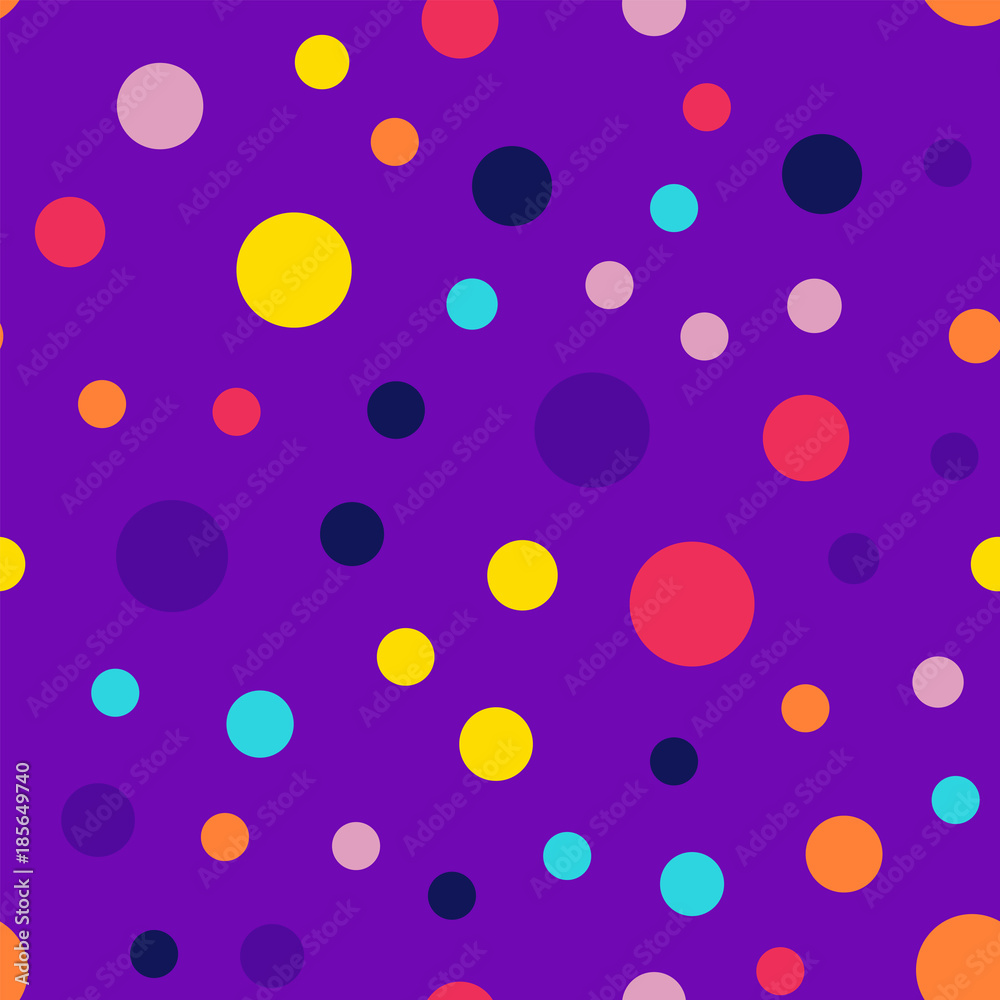 Memphis style polka dots seamless pattern on purple background. Outstanding modern memphis polka dots creative pattern. Bright scattered confetti fall chaotic decor. Vector illustration. Memphis style polka dots seamless pattern on purple background. Outstanding modern memphis polka dots creative pattern. Bright scattered confetti fall chaotic decor. Vector illustration.