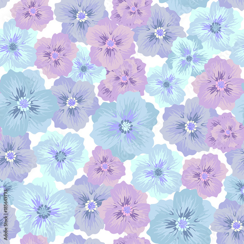 All over floral pattern. Seamless soft color background of garden pansies in shades of pastel blue and violet. 