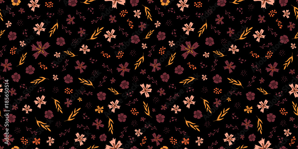 All over ditsy floral pattern. Seamless floral print in palette of dark burgundy/maroon, pink, golden orange and black.