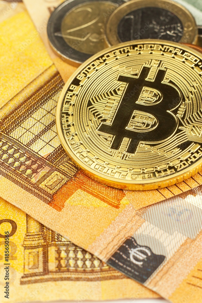Valid Euro banknotes and Bitcoin. Risk investment. Virtual currency. Online trading. Valid Euro banknotes and Bitcoin. Risk investment. Virtual currency. Online trading.