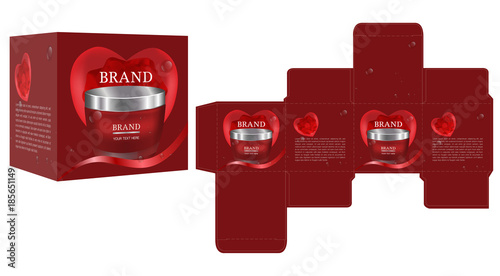 Packaging design, cosmetic container on red Valentines box design template and mockup box. illustration vector.
