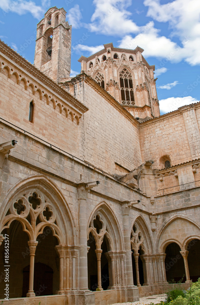 Poblet. Cour intérieure du cloître de l'abbaye  Santa Maria . Catalogne, Espagne