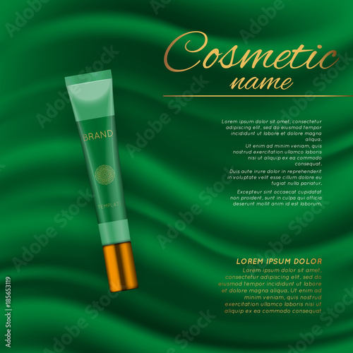 Vector 3D cosmetic illustration on a soft silk background. Beauty realistic cosmetic product design template.