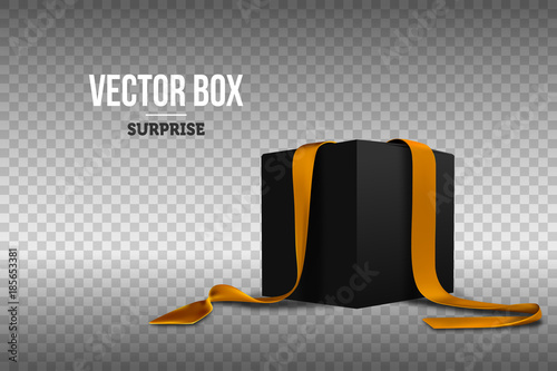 Black gift box with gold ribbons. Festive packaging Realistic vector illustration