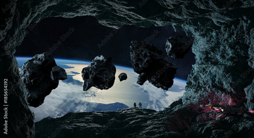 Fototapeta Astronauci badający jaskinię w asteroidzie 3D renderujące elementy tego obrazu dostarczone przez NASA