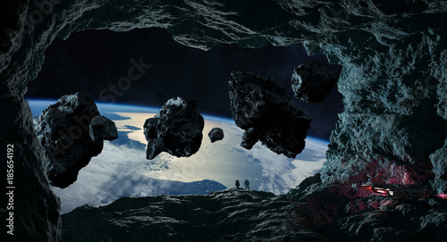 Fototapeta Naklejka Na Ścianę i Meble -  Astronauts exploring a cave in asteroid 3D rendering elements of this image furnished by NASA
