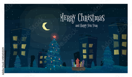 Cartoon Greeting Card. Festive Winter Landscape. Night Town with Christmas Trees, Lights and Fireworks, Houses with Garlands. Big Moon and Falling Snow. Flat Vector Illustration.