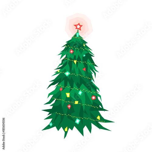 Vector Cartoon Christmas Tree Isolated on White Background. Green Fir Tree with Lights and Toys. Vector Illustration for Christmas and New Year.